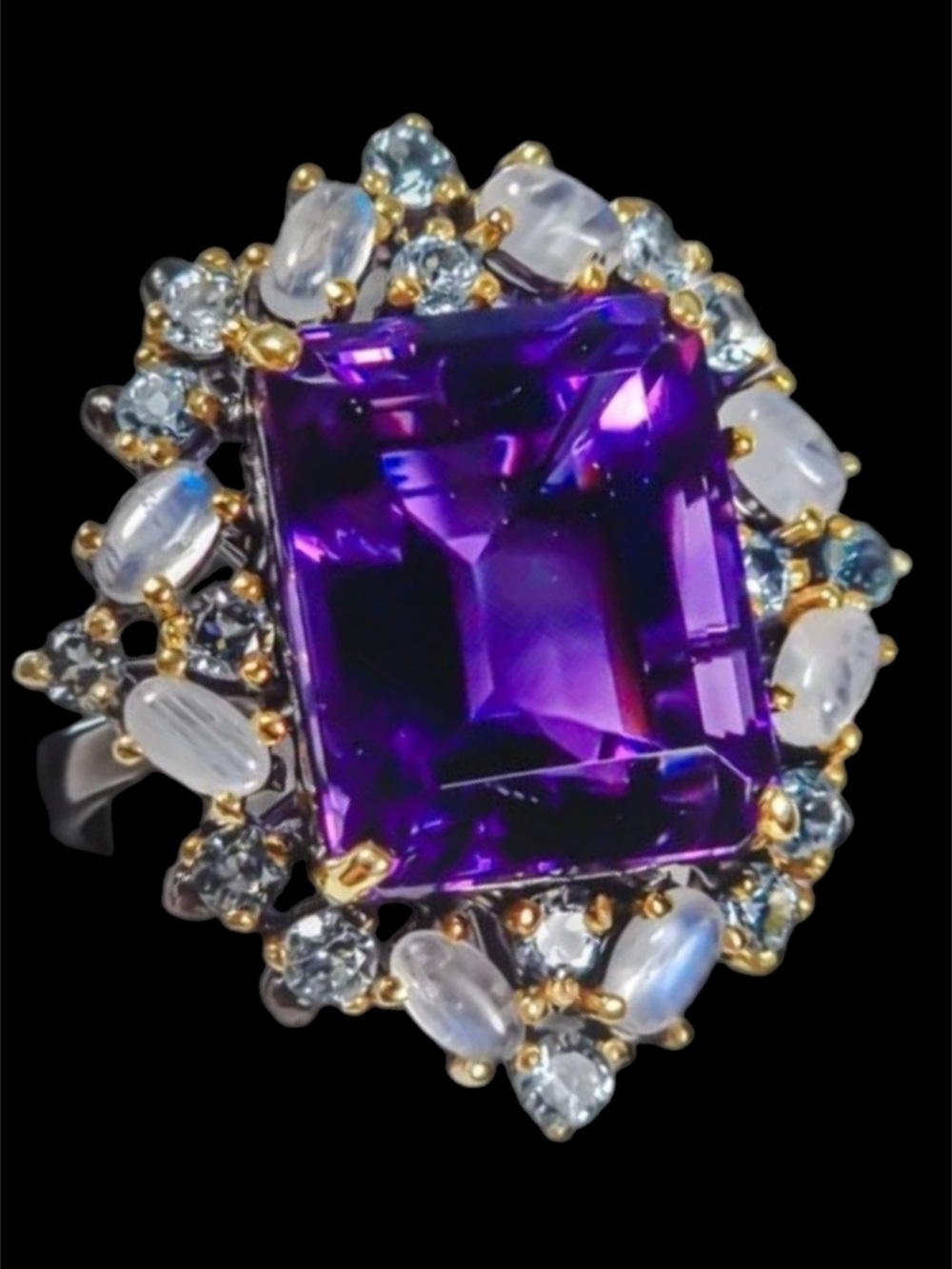 Big Majestic Genuine Amethyst & Moonstone Ring